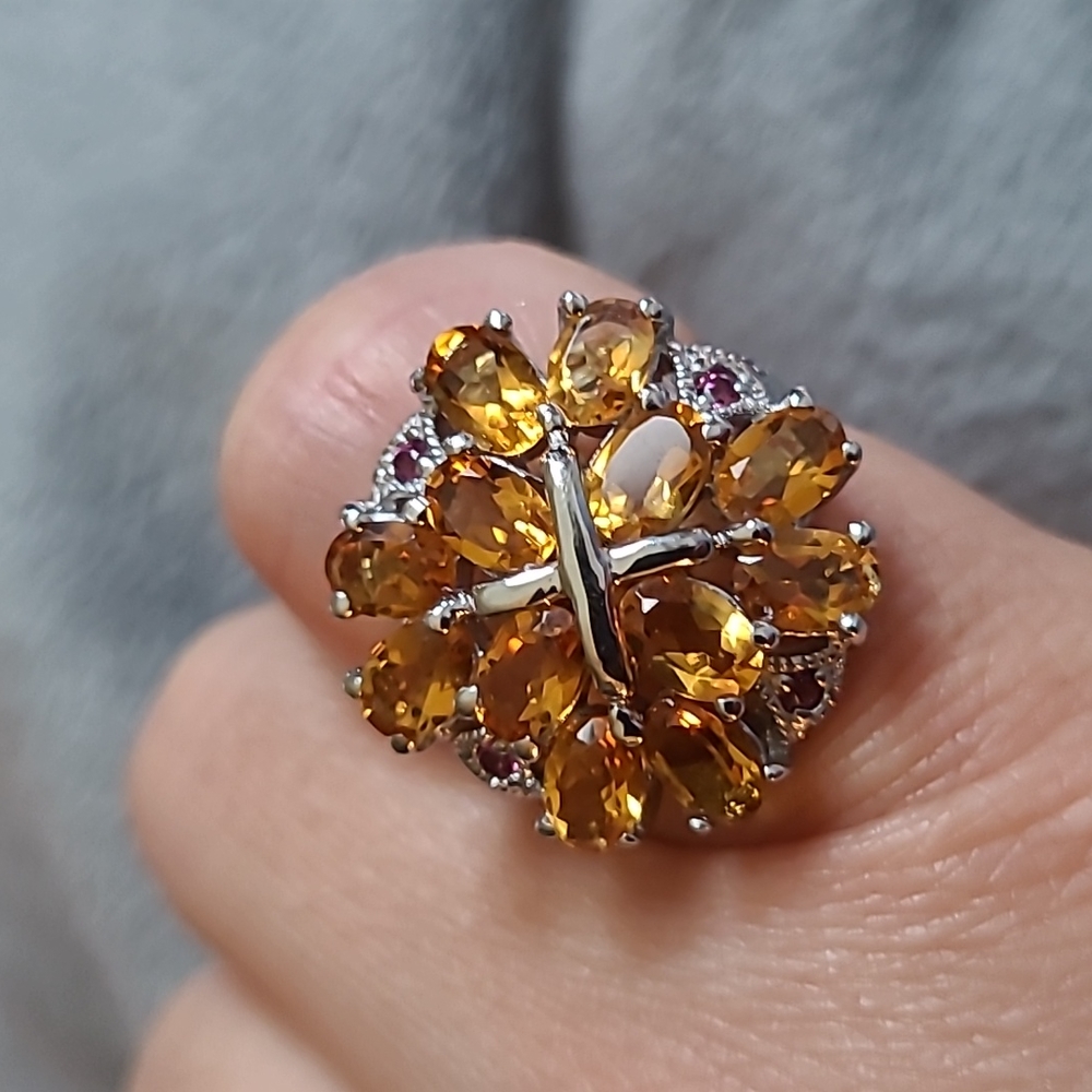 Yellow Citrine Rhodolite Garnet .925 Sterling Silver Ring